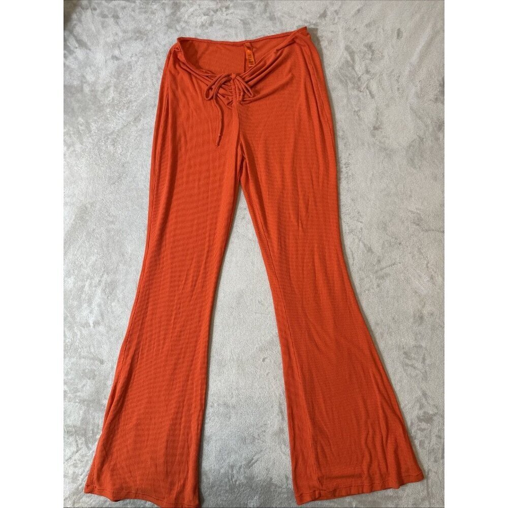 Skims Soft Lounge Ruched Ribbed Flare Pants Leggings Red Orange Size Large